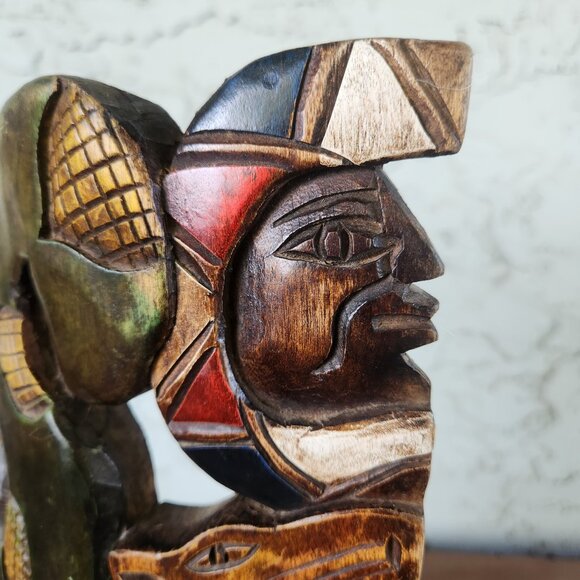 Hand-Carved Mayan Aztec Wooden Mask Tribal Wall Art with Snake, Jaguar & Warrior - Picture 6 of 16